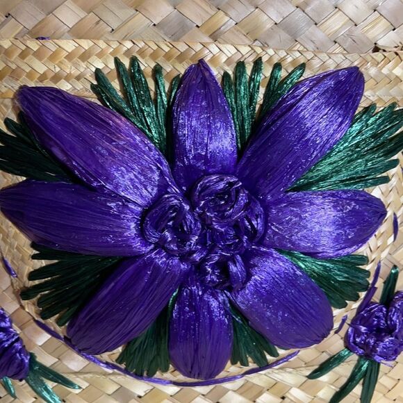 Vintage 1960s or 1970s Straw and Raffia Handbag or Small Tote Floral Beachy - Picture 4 of 16